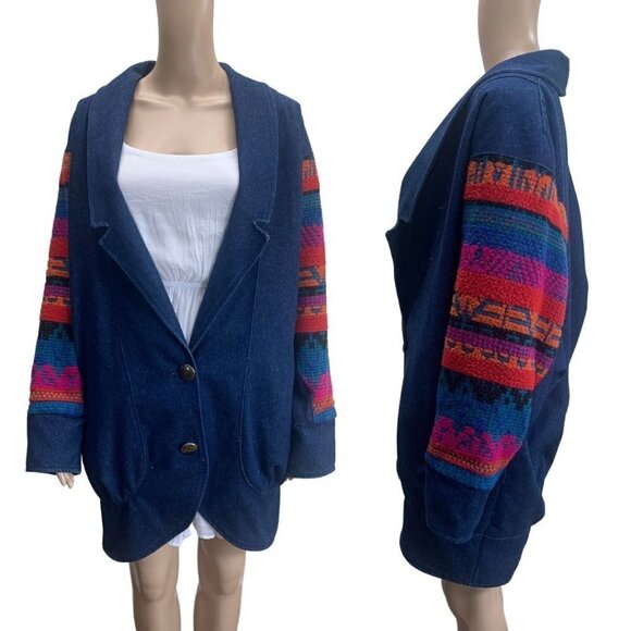 80s Vintage Boho Oversized Mixed Media Funky Jean Jacket 2X
